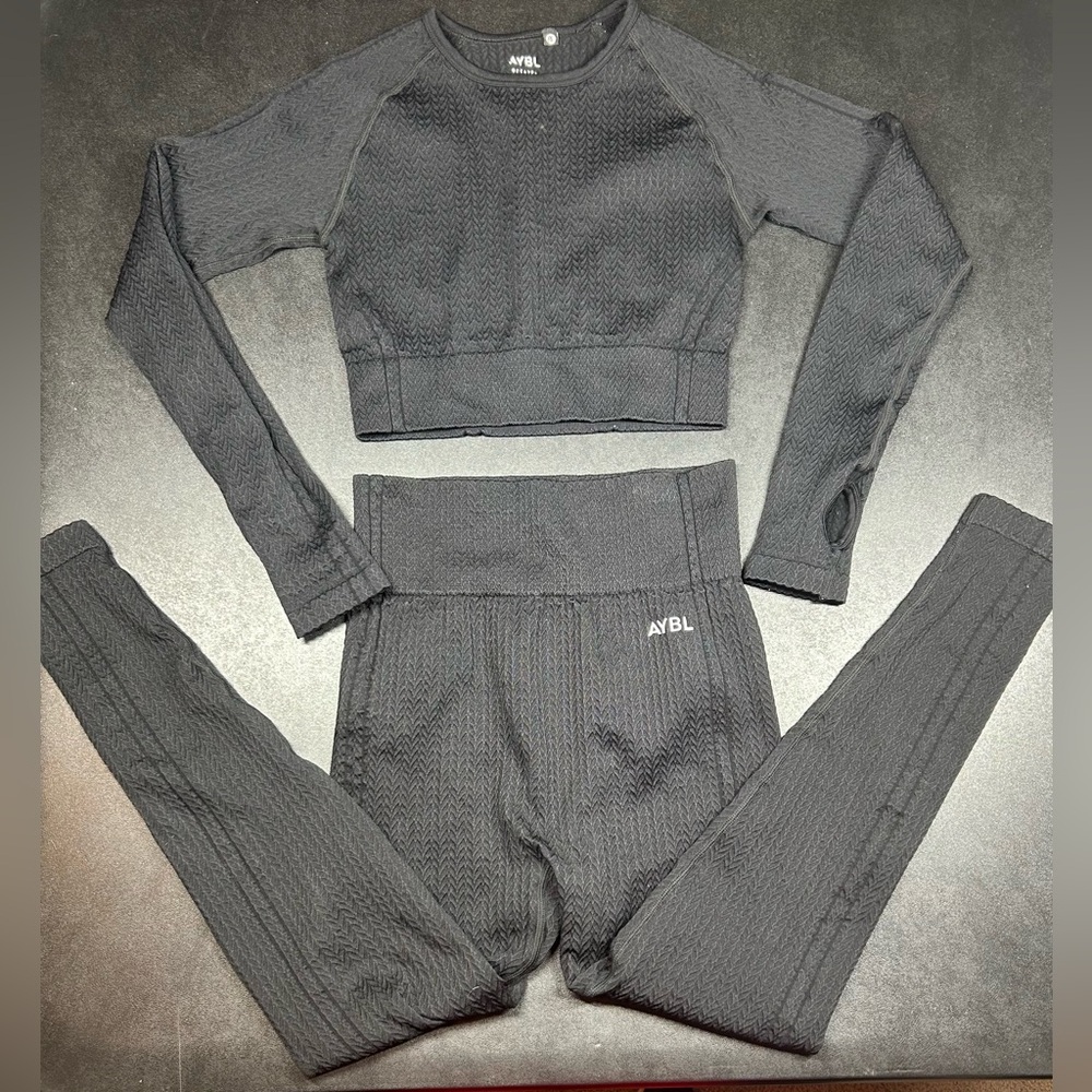 AYBL Size Small Black Ribbed Long Sleeve Crop Top & Full Length Leggings Outfit